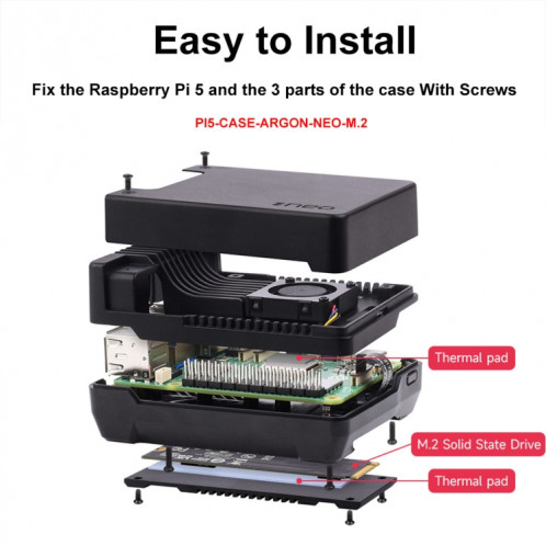 Waveshare 26587 pour boîtier en alliage d'aluminium Raspberry Pi 5 Argon Neo, spécifications : M.2 amélioré SW49021527-010